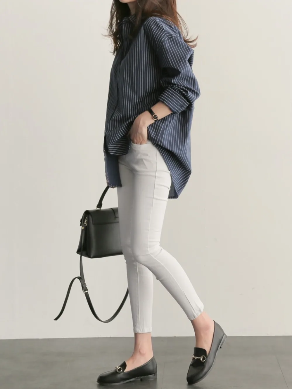 Coréen Sle ample longue Sve rayé irt femmes monocouche vêtements intérieurs automne printemps Faionable blanc irt