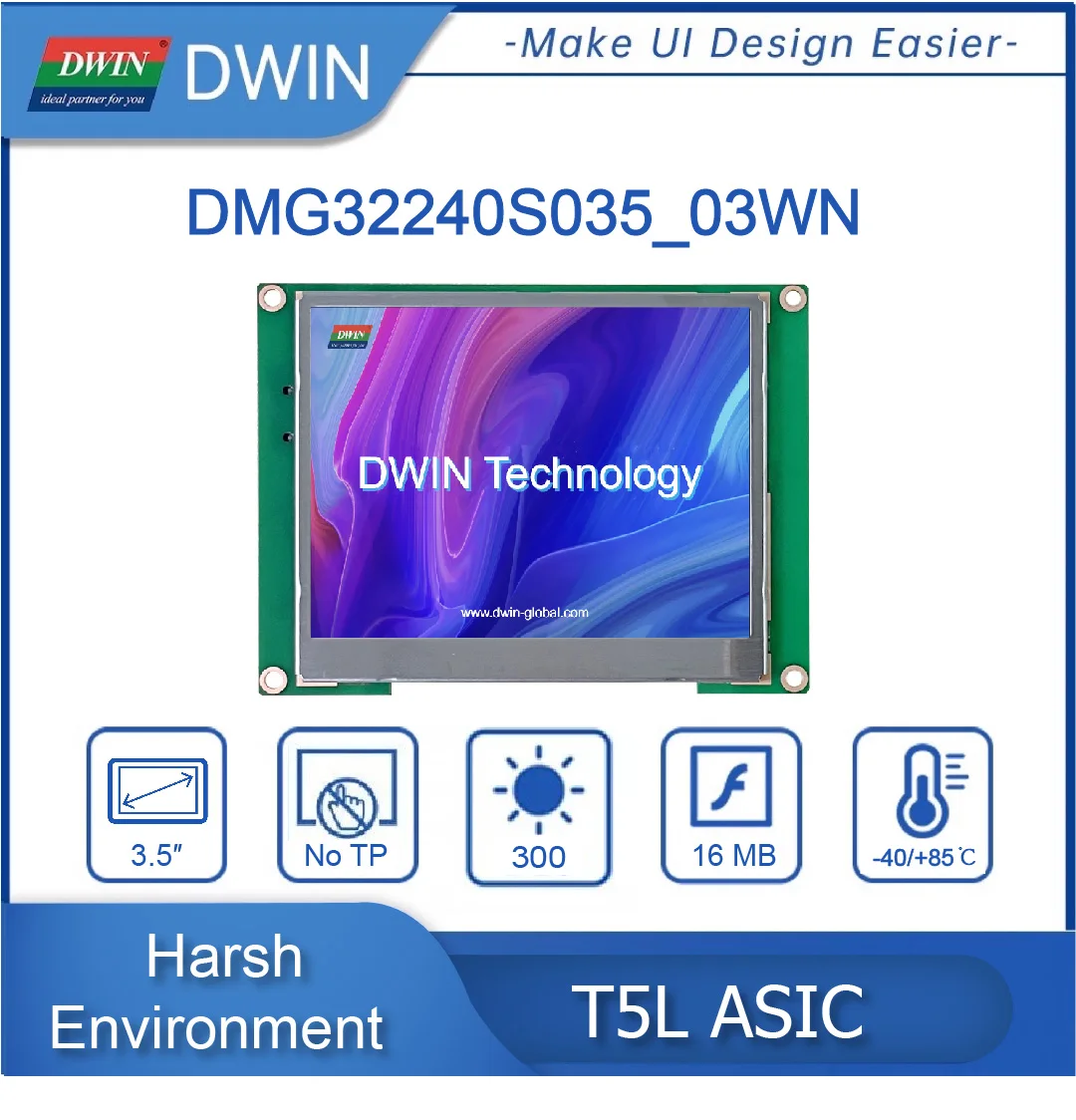 DWIN 3.5 Inch, 320*240 Pixels Resolution, 16.7M Colors, TN-TFT-LCD Support RS232 and RS485 DMG32240S035_03W