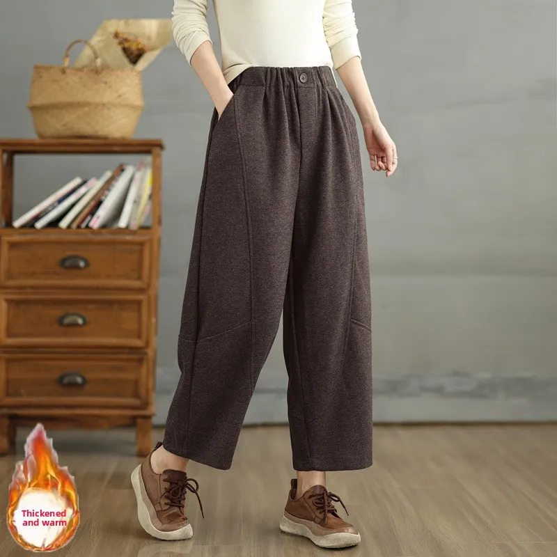 

Осень-зима Thiened шерстяные повседневные брюки для женщин больших размеров Широкие брюки-морковки Harlan Pants с высокой талией ket Design