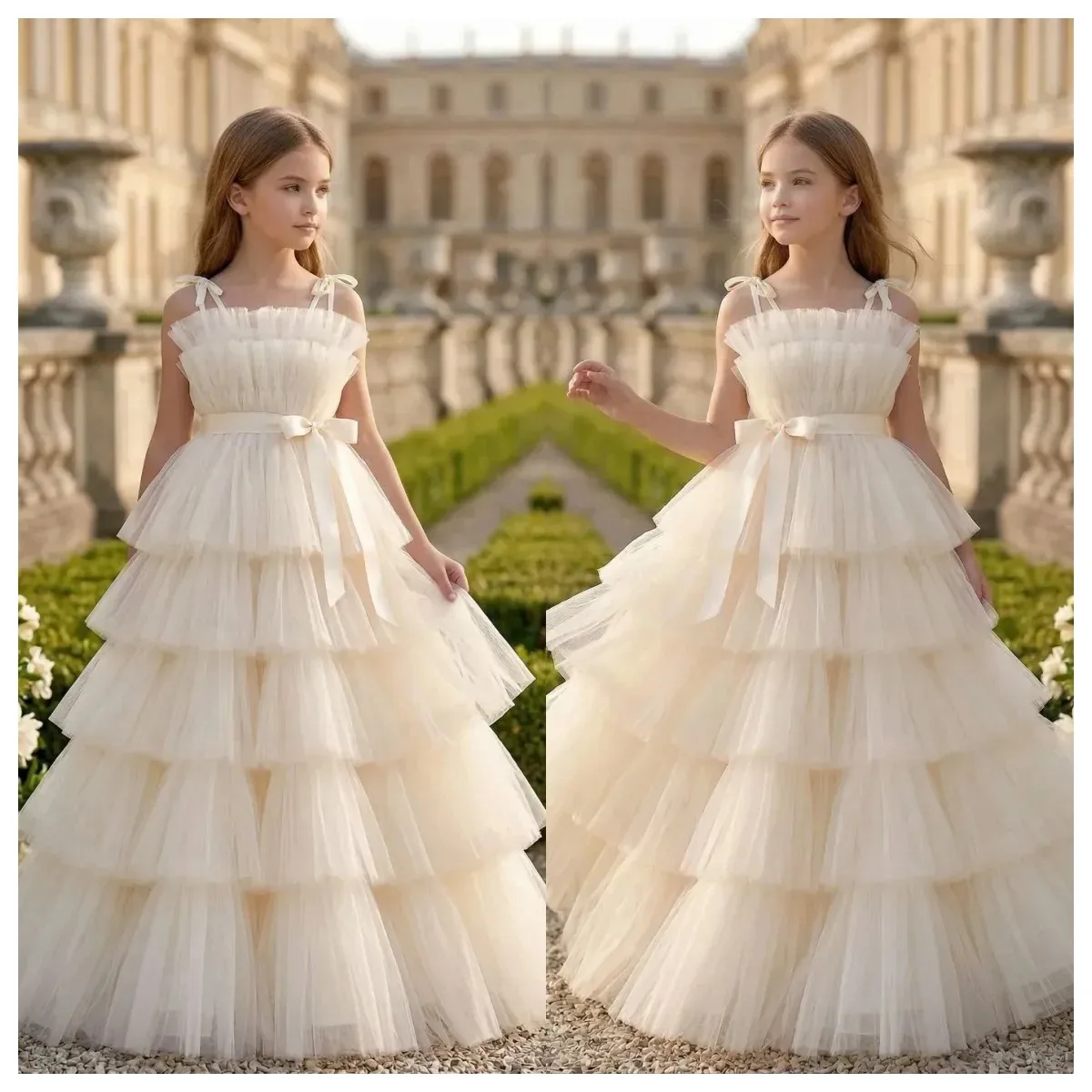 New Custom elegant tulle prom dress multi-layer mesh butterfly suspender high waist princess dress kids wedding party dress