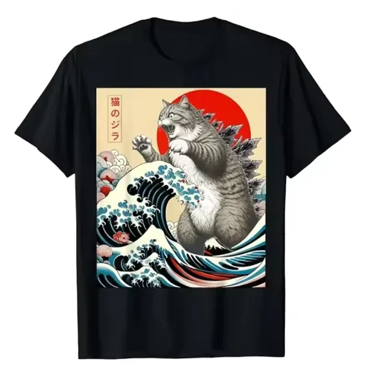 

Японское искусство Catzilla Cat Забавные подарки с котом для женщин Футболка унисекс Хлопковая футболка Топы с круглым вырезом Футболки Модная футболка для фитнеса