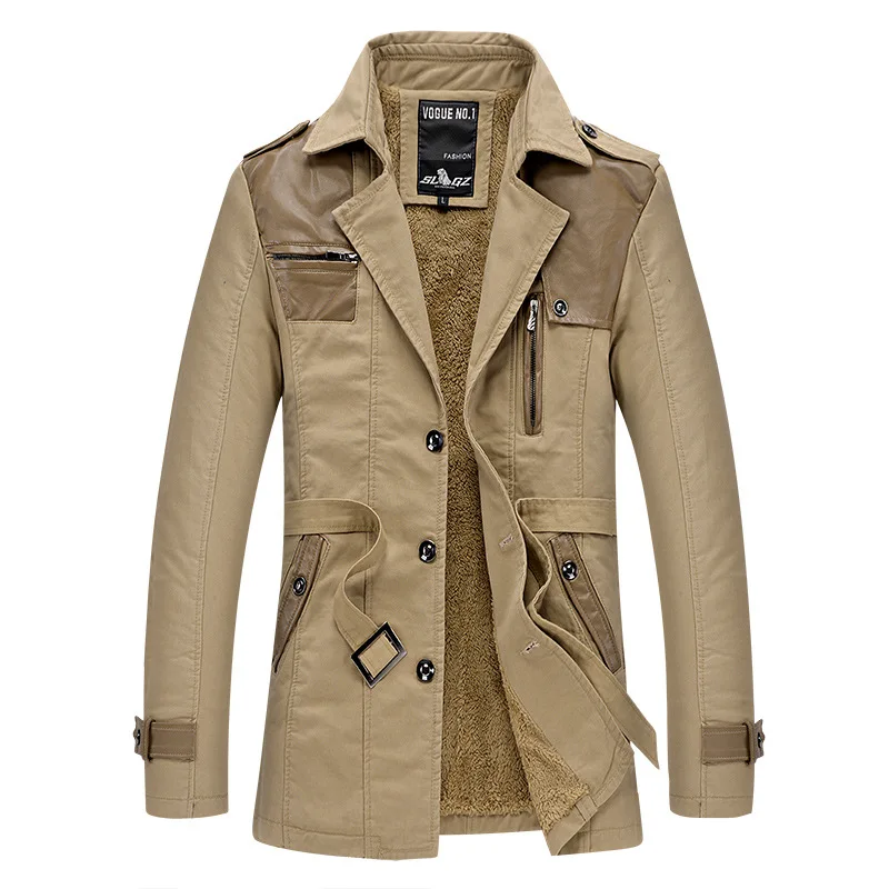 

Fashion men's mid-length trench coat washed with leather jacket and fleece thick lapel warm coat