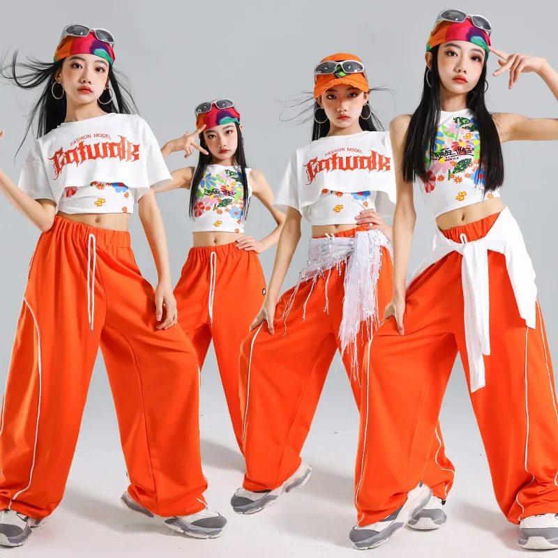 

Комплект в стиле хип-хоп, танцевальные костюмы, детский джазовый наряд, костюм для уличных танцев, жилет с цветочным принтом для девочек, оранжевые брюки, модный костюм Kpop