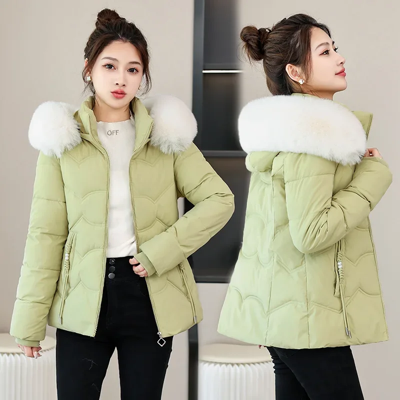2025년 신상 겨울 재킷 여성 파카 캐주얼 기본 코트 후드 퍼 칼라 두꺼운 따뜻한 파카 면 패딩 아우터 숏 재킷