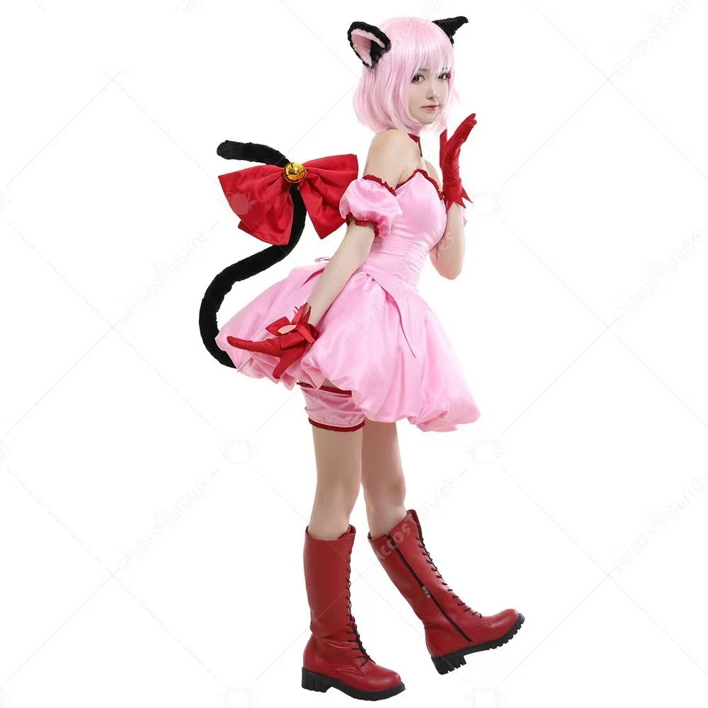 Anime Tokyo Mew Mew Ichigo Momomiya Mew Ichigo Transformed Short Pink Dress Cosplay Costume with Cat Ears and Tail