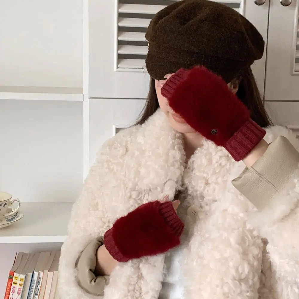 Vintage Warm Knitted Gloves Windproof Touch Screen Plush Gloves Faux Fur Knit Half-Finger Gloves Writing