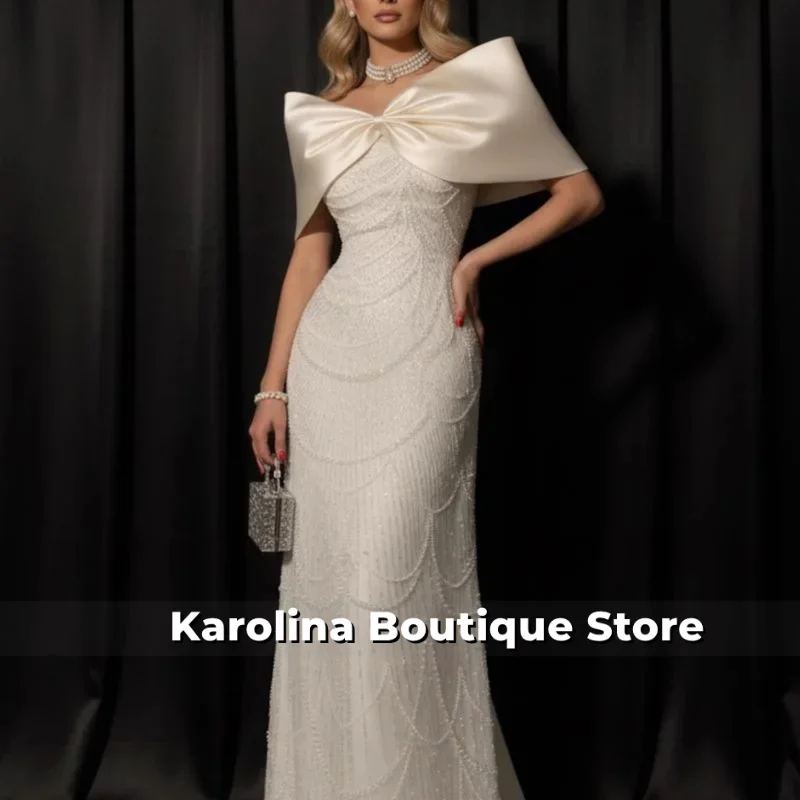 Customized White Beading Pearls robes de soirée Shawl Sleeveless Party Dresses Floor-Length Trailing A-line Prom Dress