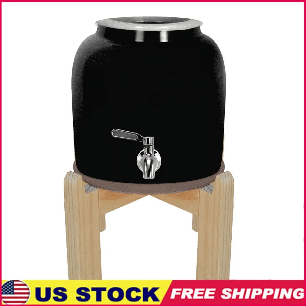 

Durable Black Ceramic Water Dispenser 5 Gallon Capacity Includes Lid Wooden Stand Stainless Steel Faucet Leak Proof Design