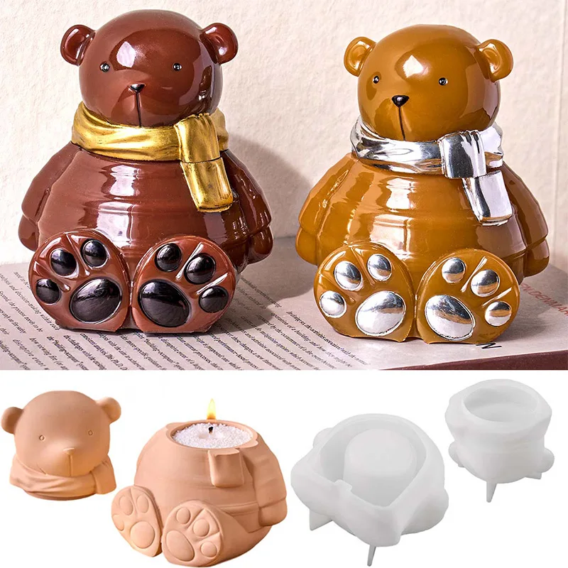 ثلاثية الأبعاد لطيف وشاح الدب شمعة جرة قالب من السيليكون DIY بها بنفسك الحيوان تصميم صندوق تخزين الحرف صنع الجص الراتنج قوالب الصب ديكور المنزل