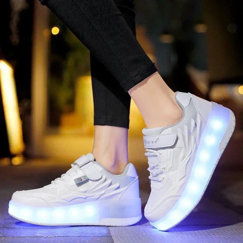 Kid's Sneakers LED Illuminated Shoes Thick Sole USB Charge Roller Skates Outdoor Children Sports Skateboard Shoes for Boys Girls