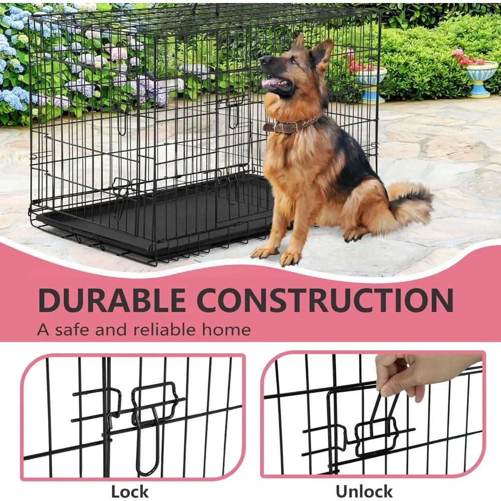 Caja para perros plegable extra grande de metal con puertas dobles, 48 pulgadas, bandeja extraíble y panel divisorio