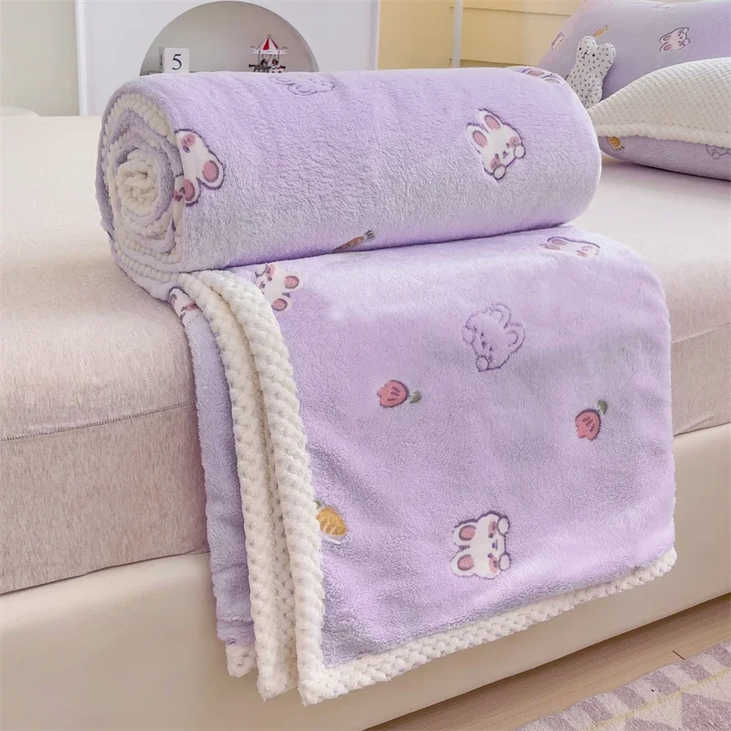 Cute Rabbit Blanket Gift for Girls Women Soft Cozy Fleece Lovely Rabbit Bunny Throw Blankets Fuzzy Plush Bedding Purple Blanket