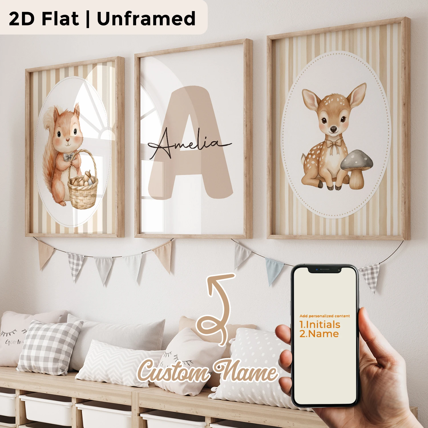 3pcs Personalized Custom Name Cartoon Child Sika Deer Wall Art Print Picture Canvas Poster Painting For Living Room Home Decor