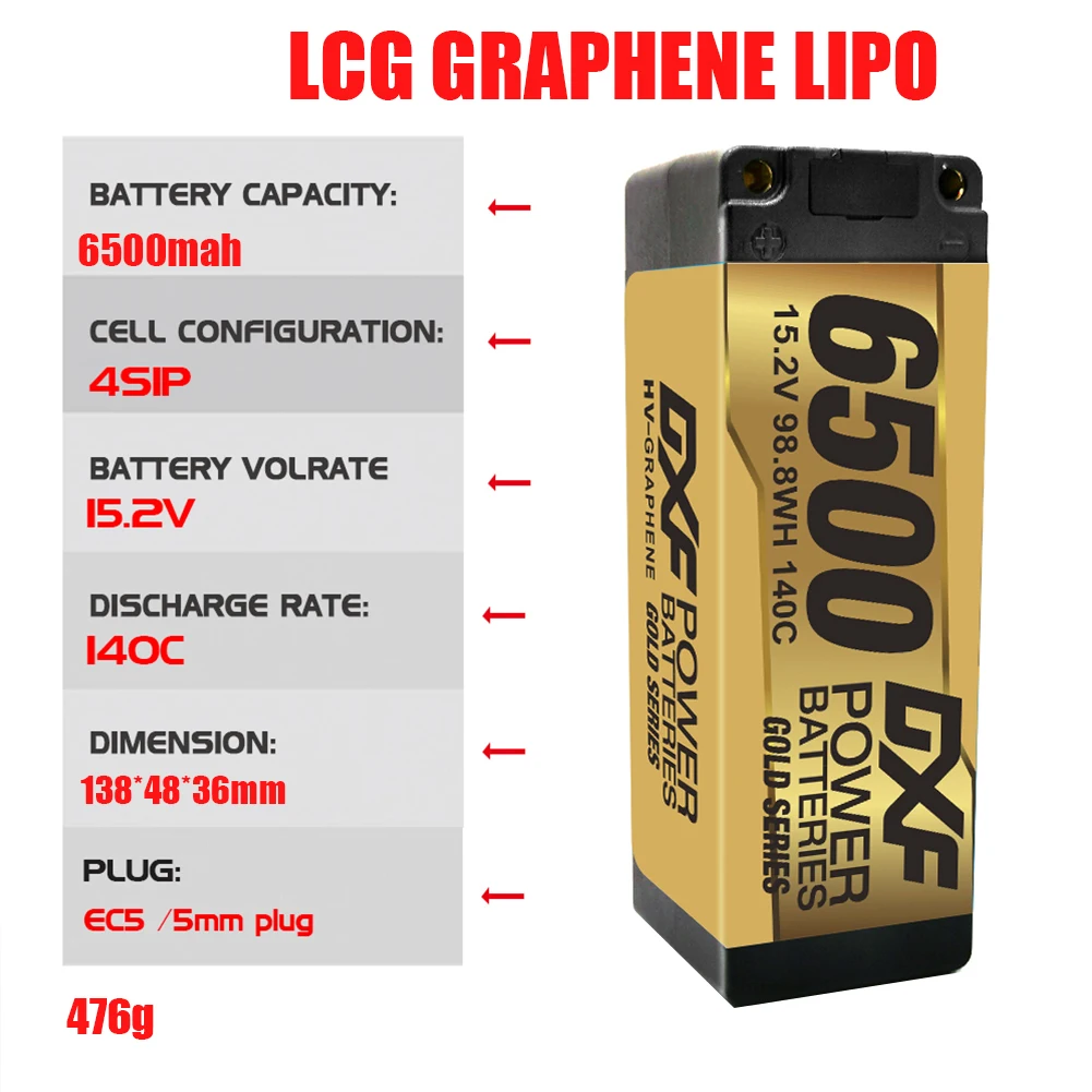 DXF 1/2PCS Hardcase 4S Lipo Battery 15.2V 140C Graphene LCG 6500mah Gold Version XT60 EC5 TRX XT90  for 1/8 Buggy Truck Off-road