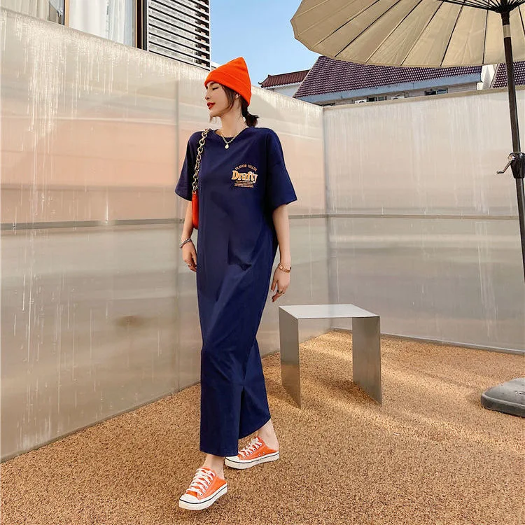 Summer Long Print Sleep Dress Women's Knee-Length Loose plus Size Straight Leg Lazy Person's Pajamas Home Clothes Can Be Worn...