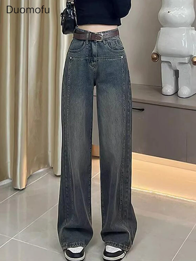 Duomofu Herfst Chicly Hoge Taille Slanke Casual Dames Jeans Nieuwe Basic Losse Eenvoudige Gewassen Mode Full Length Vrouwelijke Jeans