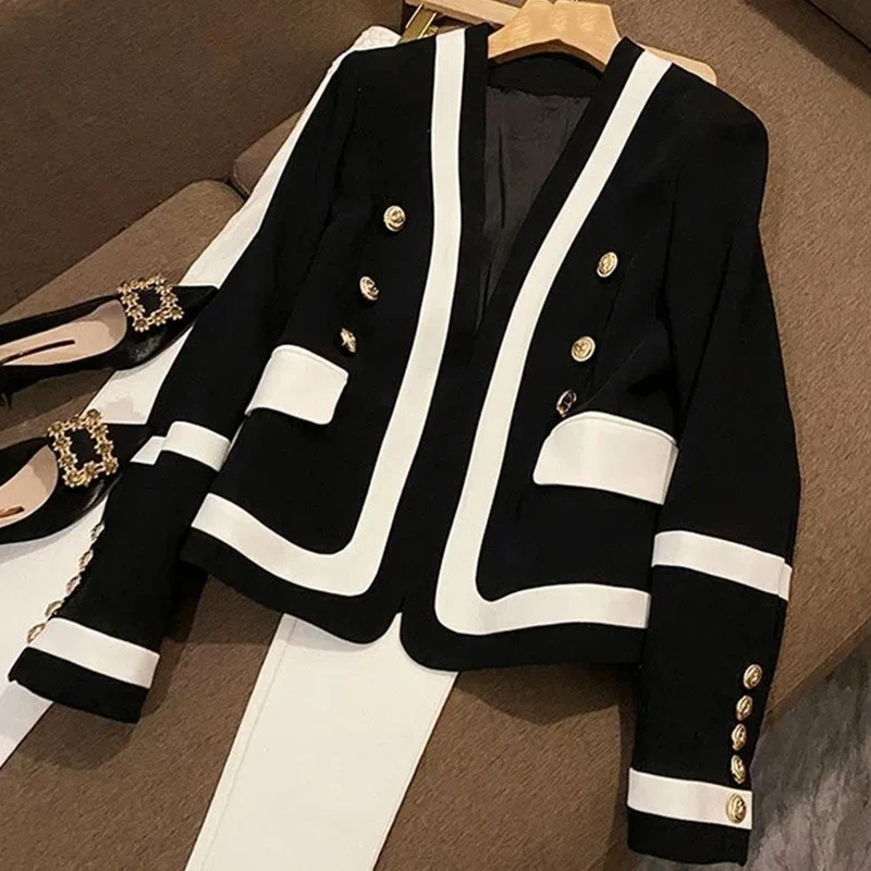 Women\'s Court Style Contrast Coat, High-Quality, Light Luxury, Metal Buckle, Fashion Suit, Female Clothes, Black and White