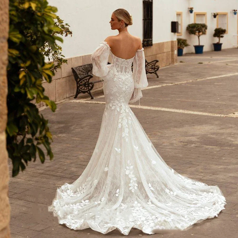 매혹적인 연인 인어 웨딩 원피스, 긴팔 레이스 아플리케, 신부 원피스, 분리형 푹신한 소매, 맞춤형 얇은 명주 그물