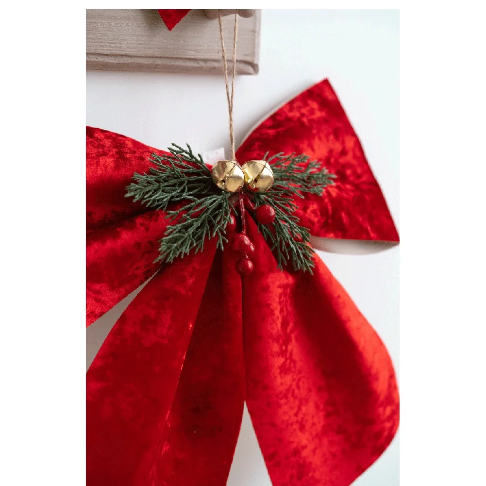 จี้โบว์สไตล์เกาหลี ของประดับตกแต่งคริสต์มาส โบว์กำมะหยี่สีแดง 3 มิติ พร้อมกระดิ่ง ของตกแต่งเทศกาล ของประดับงานปาร์ตี้