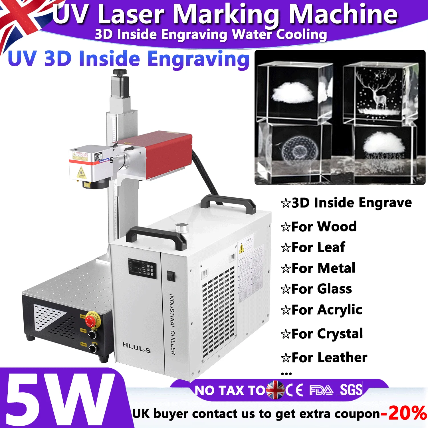 

5W 2IN1 Water-cooling UV Inside Crystal 3D Engraving Machine Axis Control High-Precision Lens Electric Z axis for DIY Marking