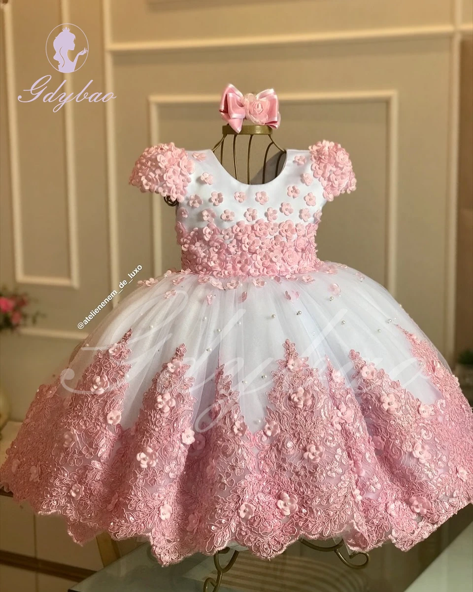 

Pink Flower Girl Dress For Wedding Tulle Lace 3D Applqique Puffy With Bow Cap Sleeves Kids Baby Birthday First Communion Gown