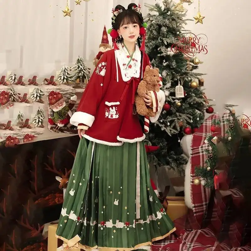 

Зима 2023, рождественское пальто Hanfu с вышивкой кролика и карманами, ультрамягкое рождественское плюшевое пальто с длинными рукавами и принтом, праздничная одежда, Новый год