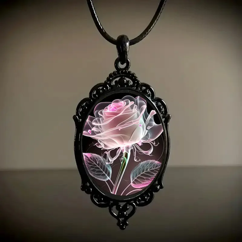 

New Pink Flower Pendant Necklace Rose Pattern Glass Ellipse - A Niche Style Suitable for Romantic Gifts and Special Occasions