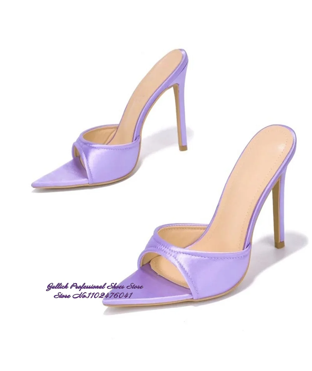 Kobiety liliowe fioletowy satyna ze szpiczastym noskiem pantofle wsuwane letnie klapki jedwabna tkanina eleganckie buty