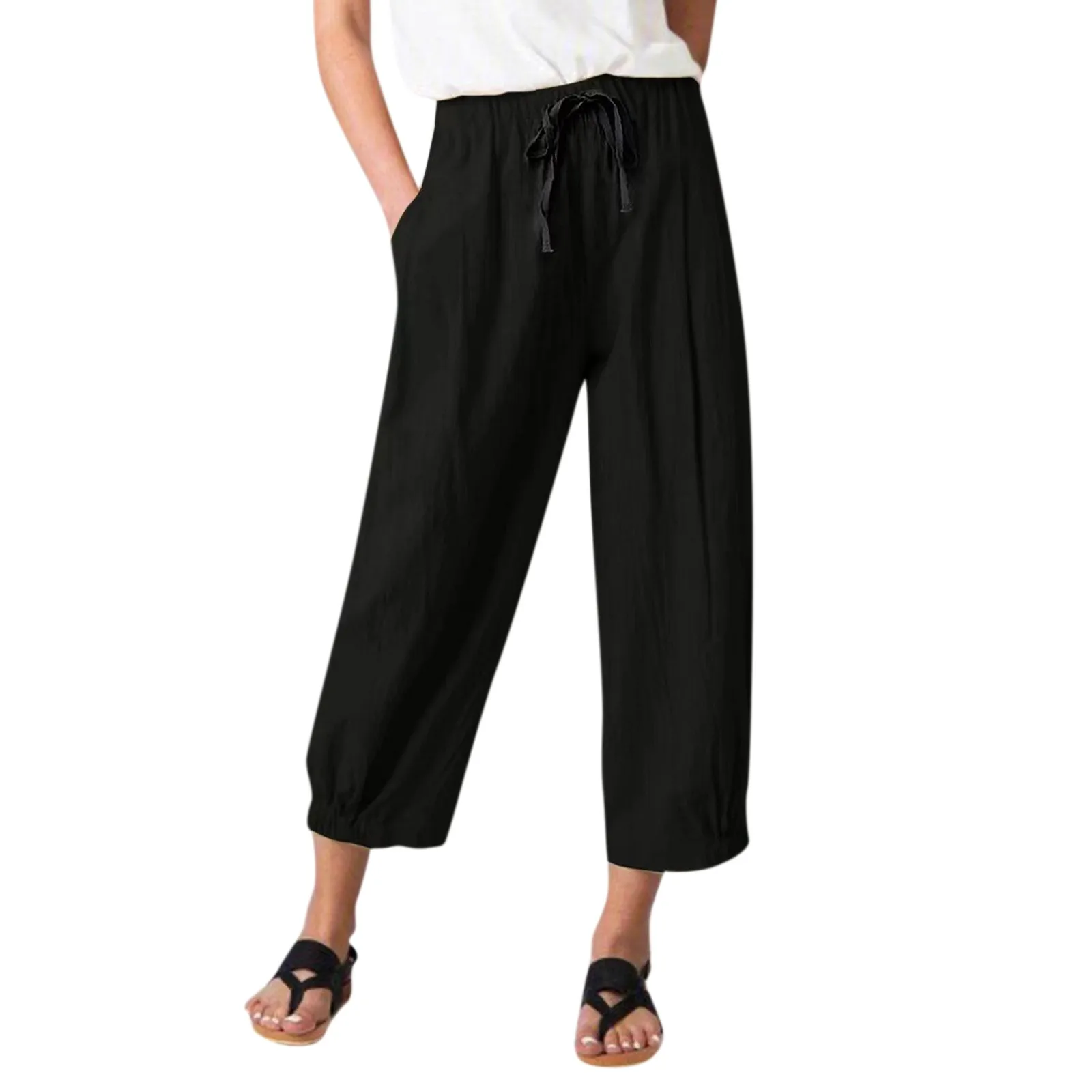 

Cotton Linen Pants Women Classic Trendy Solid Color Cropped Pants Drawstring Double Pocket Trousers Outdoor Holiday Streetwear