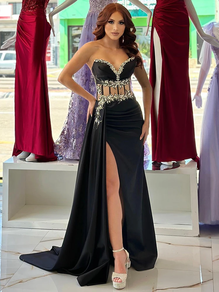 VC Black Vintage Slim Strapless Velvet Long Dress Diamonds Beaded Appliques Mermaid Sleeveless High Slit Party Evening Gowns