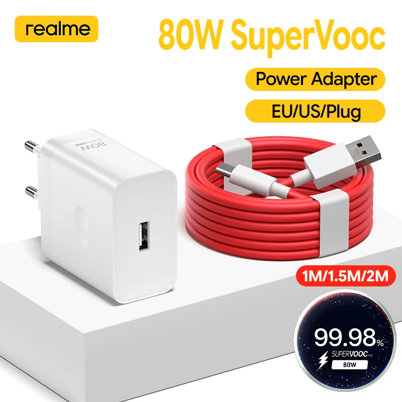 Original Realme 80W Supervooc Charger EU US Fast Charging Power Adapter USB C Cable Realme 16 14 12 11 Pro+ 14T 14X P4 Power P3