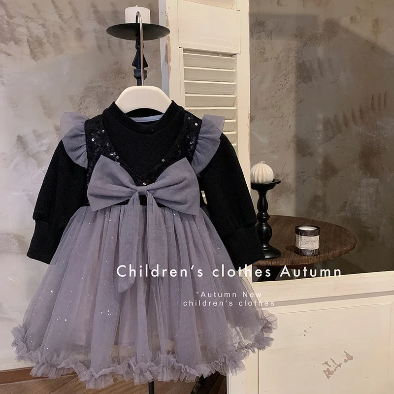 2024Girls' Spring and Autumn New Style Clothing High-Grade Birthday Dress Gauze Dress Bow Puff Sleeve Princess Dress