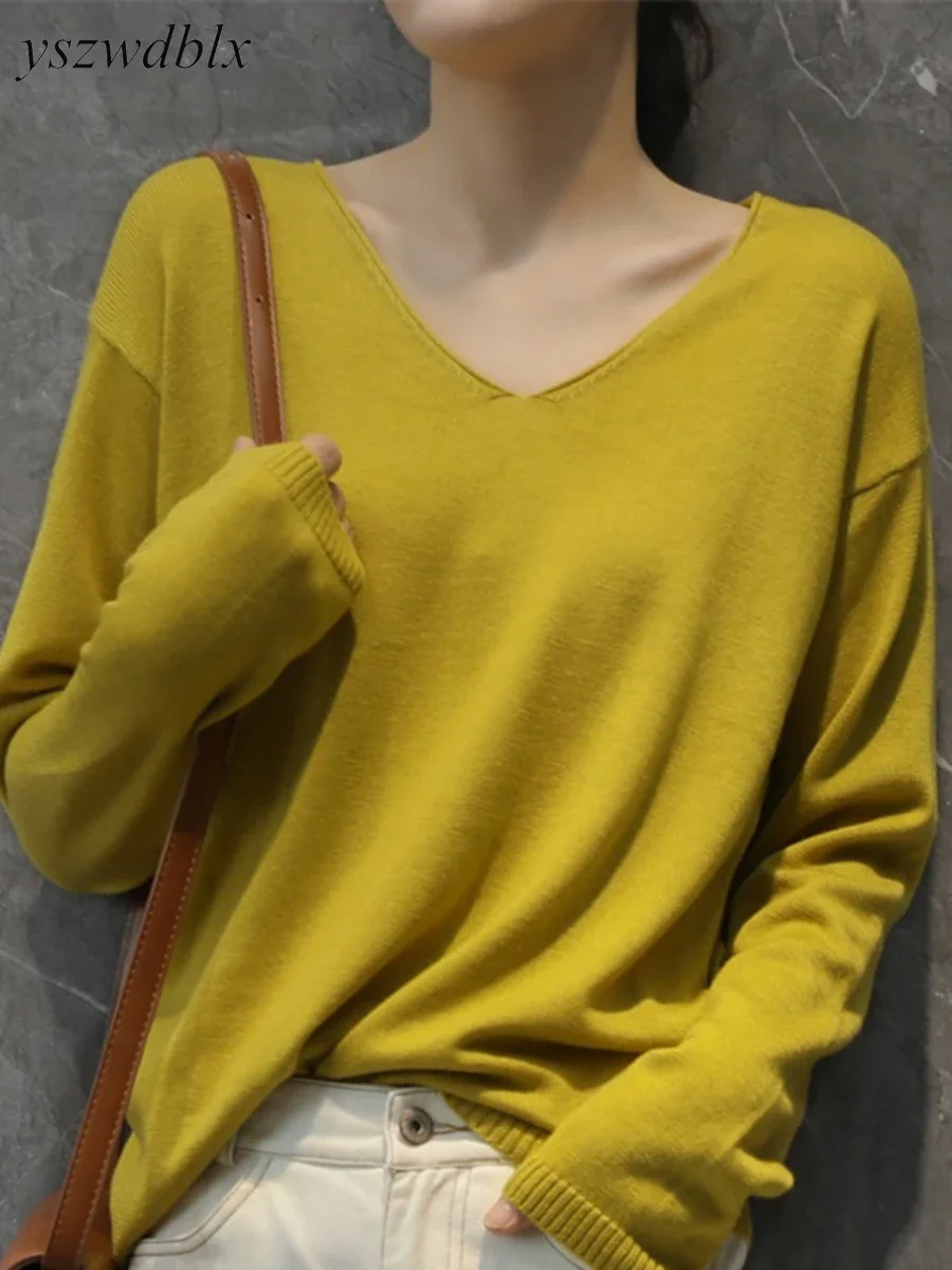 YSZWDBLX Womens Pullovers Sweater Solid Bottoming Shirt V-neck Knitwear Spring Autumn 2024 Basic Korean Sweater Jumpers