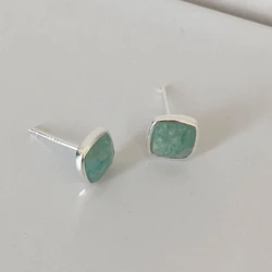 Silvology 925 Sterling Silver Natural Amazonite Square Stud Earrings for Women Minimalist Sleeper Earrings with Stones Jewelry