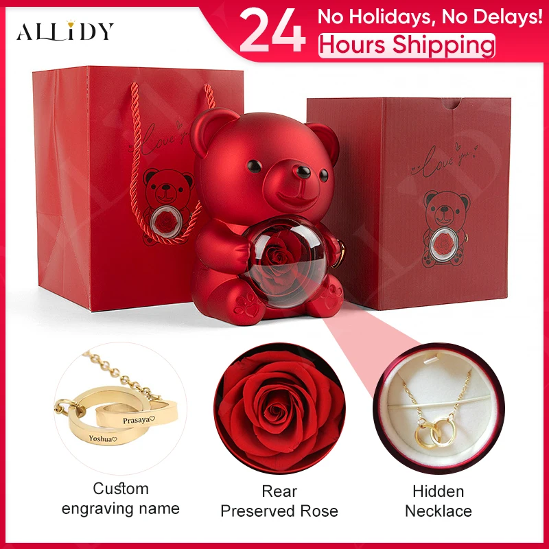 Red Eternal Rose Teddy Bear with Stainless Steel Custom Names Necklace Jewelry Gifts Set for Woman Mother's Day Gift