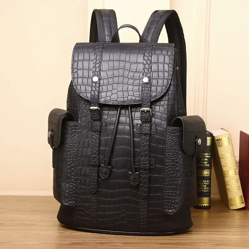 2024 New Luxury Brand Real Genuine Leather Men Alligator Backpacks Student Backpack Boy Luxury 15.6 Inch Computer Laptop Bag