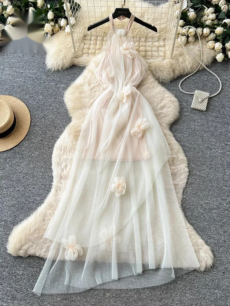 

3D Floral Long Sundress Ladies Fairycore Halter Backless Slim Seaside Vacation Flowy Mesh Romantic Wedding Party Dress