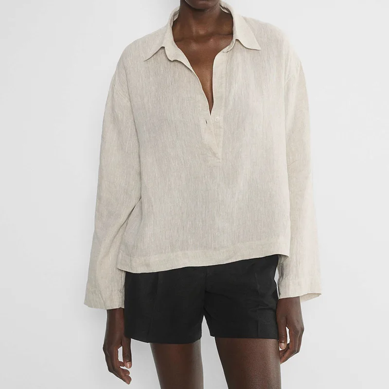 Camicetta vintage in lino 100% a maniche lunghe da donna con risvolto colletto polo autunno top allentato casual High Street Fashion Office Lady camicie