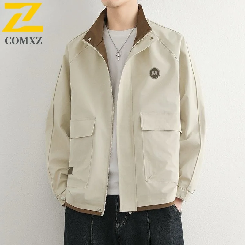 

COMXZ Мужская куртка премиум-класса с воротником-стойкой, американская модная удобная мотоциклетная куртка, однотонная легкая осенняя ветровка
