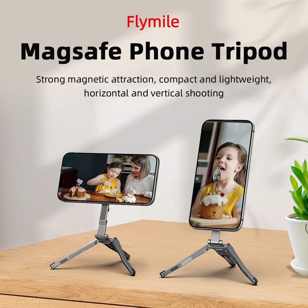 Flymile Magnetisches Selfie-Stick-Stativ für iPhone 16, 15, 14, 13, 12 Pro Max, faltbares Telefon, 1/4 Zoll Löcher, kompatibel mit MagSafe – Detail 1