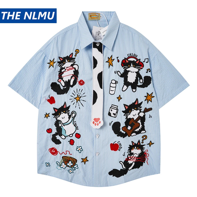 

American Style Funny Cat Embroidery Shirt Men Women Summer Loose Casual Short Sleeve Top Unisex Button Shirts