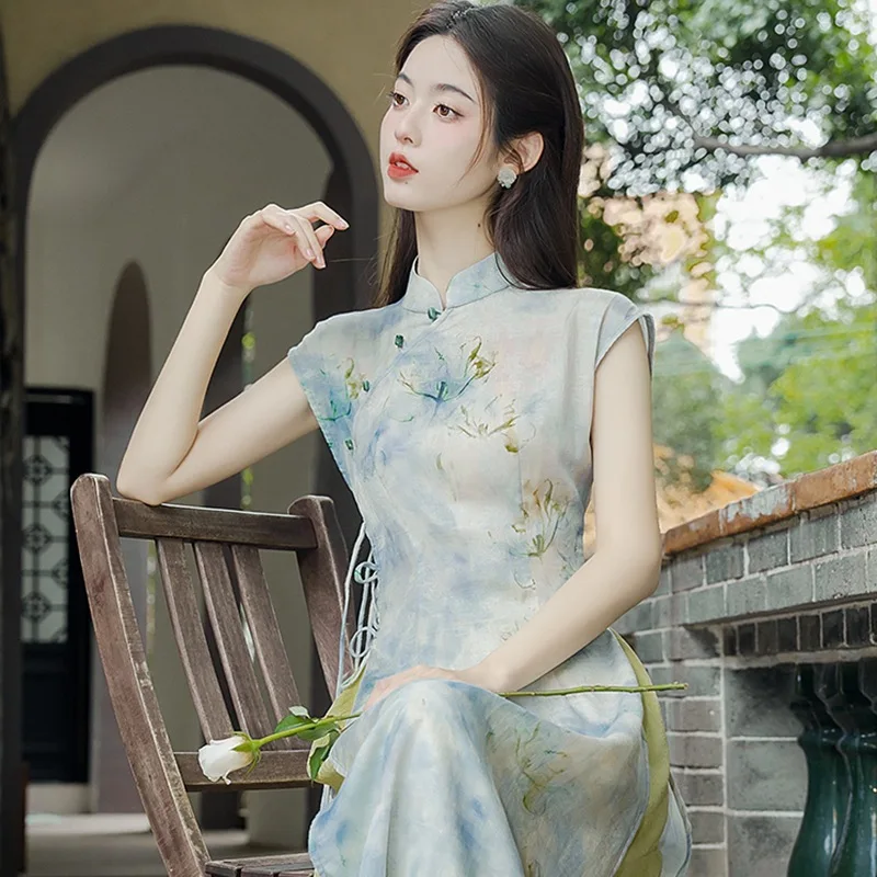 Classical Elegant Female Long Qipao Traditional Chinese Print Flower Dress Clothing Vintgae Mandarin Collar Champagne Vestidos