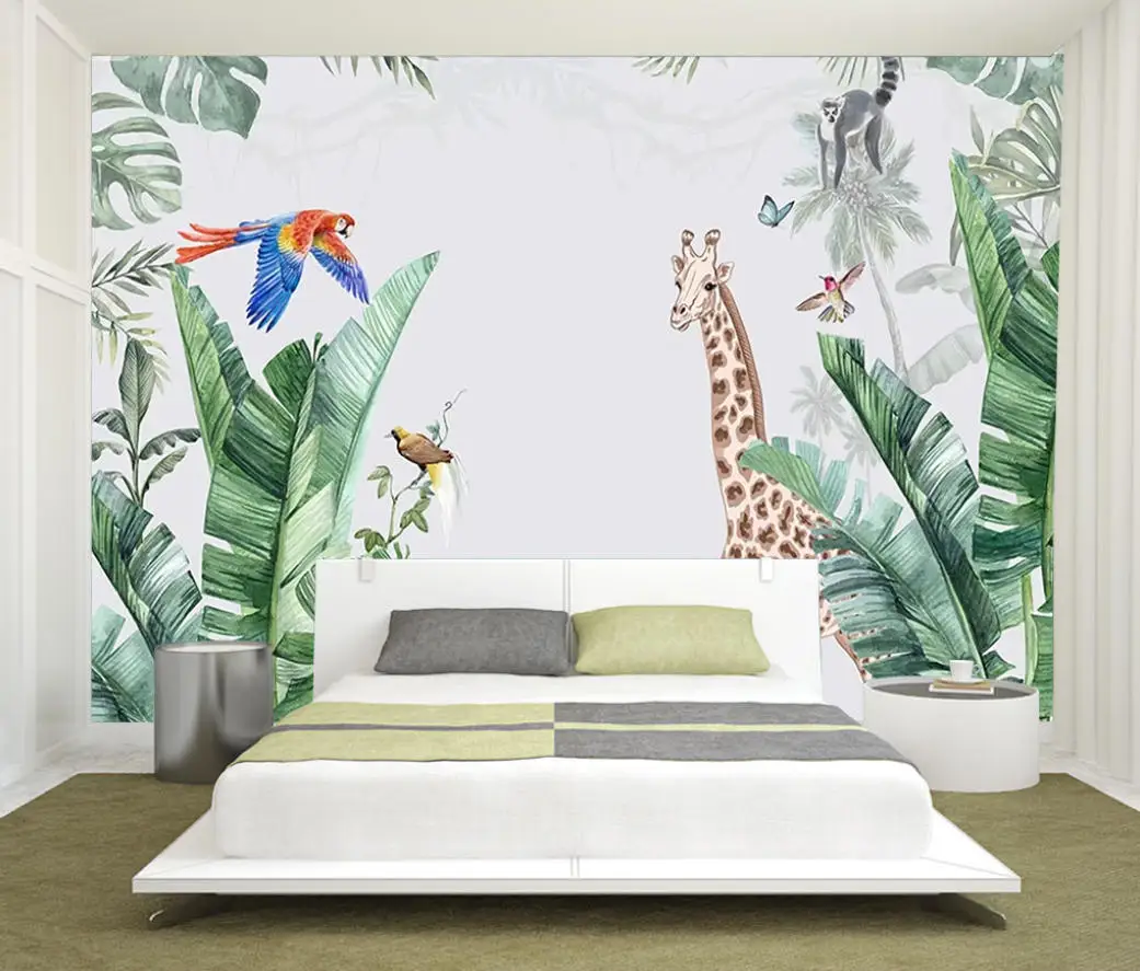 custom watercolor jungle Giraffes Elephants wallpaper wall mural for kids nursery room animal wallpaper sticker art decoration