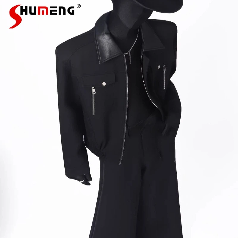 

Fashion Light Luxury Splicing Jackets Shoulder Pads Long Sleeve Coats Men 2025 Autumn New Multi-Zipper Trendy Loose Chic Jackets