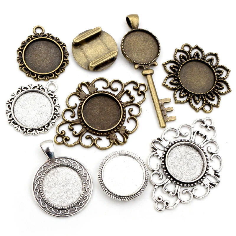 10pcs 18mm Inner Size Antique Bronze And Antique Silver Plated Connection Style Cabochon Base Cameo Setting Charms Pendant