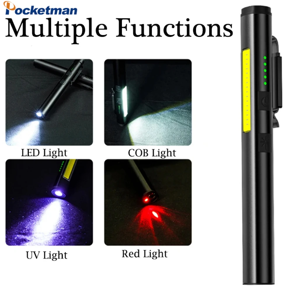 Portable LED Flashlight 4 Colors UV+White+Red Mini Torch Pen Clip Light USB Rechargeable Camping Light Multifunction Penlight