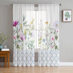 Blue Morocco Flower Wildflower White Tulle in Sheer Curtains for Living Room Bedroom Kitchen Window Treatment Chiffon Curtain