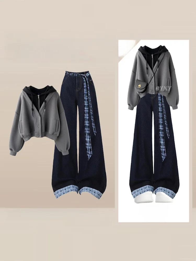 

Корейский комплект из худи свободного кроя и джинсов, женский модный комплект из двух предметов: утягивающие брюки с широкими штанинами, повседневный удобный костюм