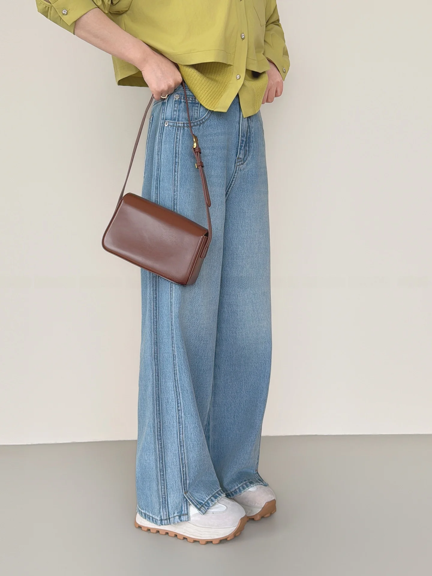 

Slimming Straight Leg Micro Flared Jeans Women's Patchwork Design Split High Waist Cotton Spring New Style Commute Style