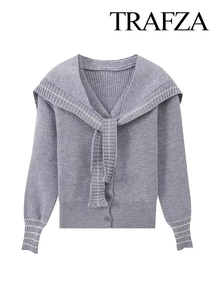 TRAFZA Women Autumn Long Sleeve V-Neck Casual Slim Knitted Short Top Female Fashion Single Breasted Cardigan Sweaters Mujer